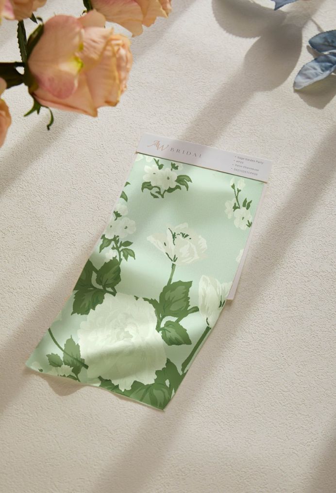 AW Satin Charmeuse Swatches for Bridal Dresses Mottled Moss Green