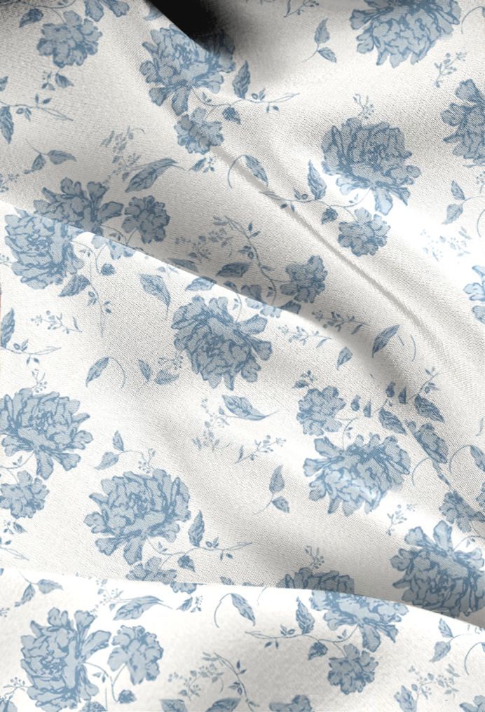 AW Satin Charmeuse Floral Fabric for Fashion Dress Dusty Blue Peonies