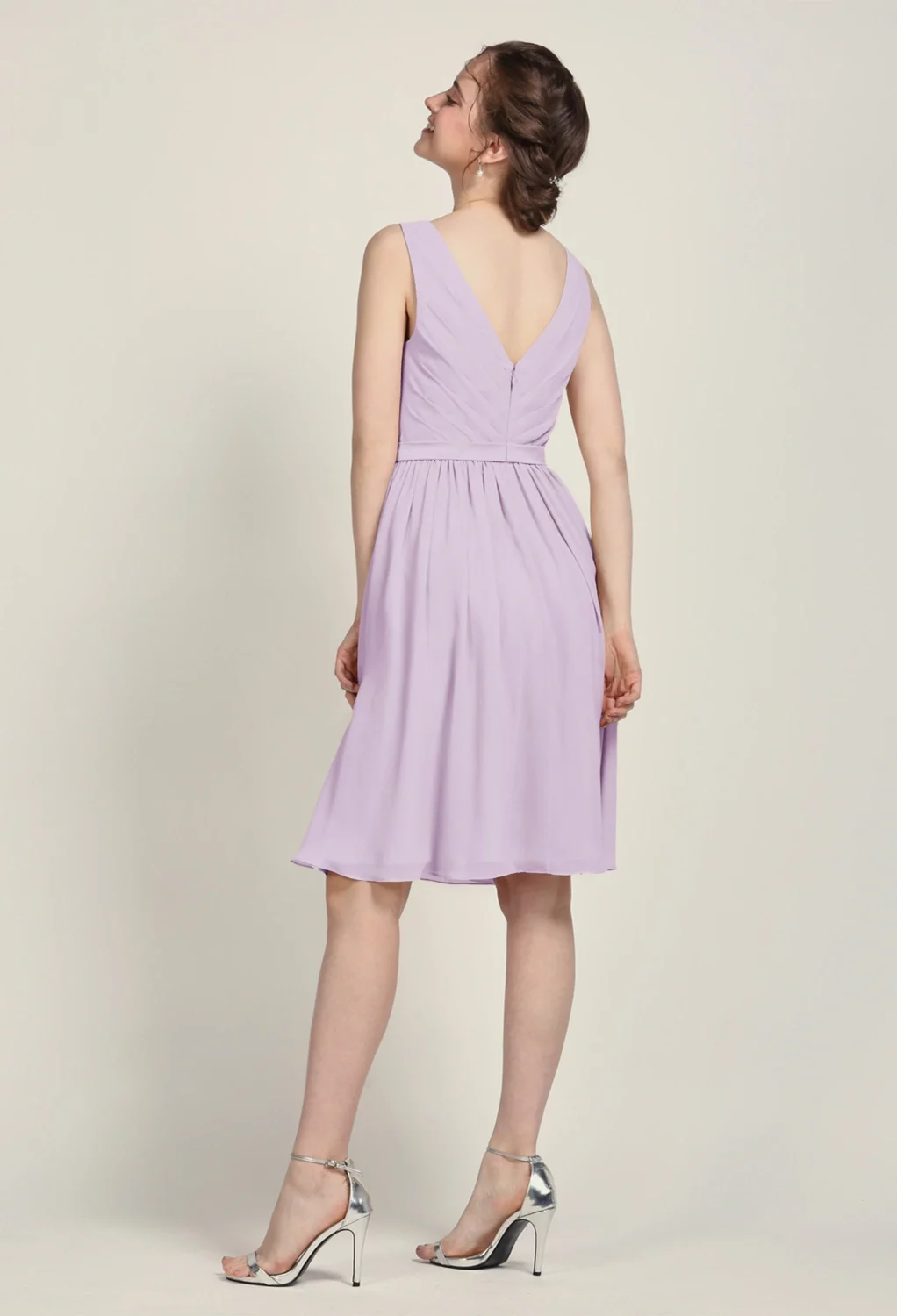 AW Vivien Dress, Dusty Blue Chiffon Knee Length V-Neck Bridesmaid Dresses |  AW.Bridal UK