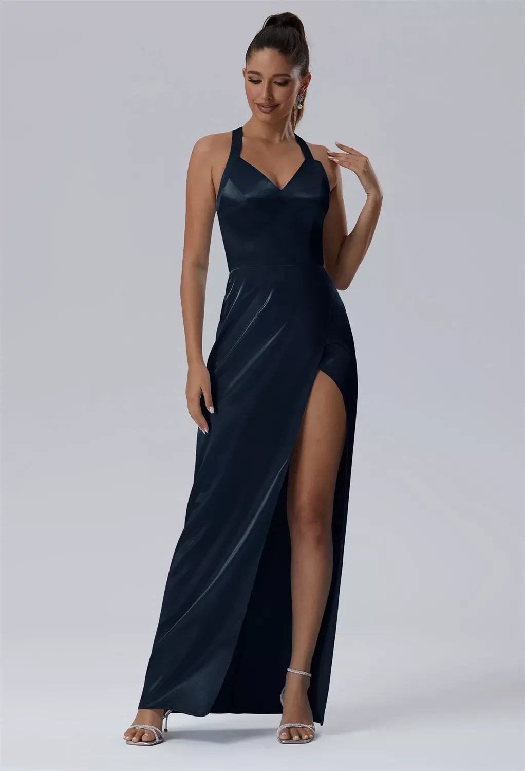 maribella halter maxi dress AW Dress, Baby Blue Crystal Satin Floor Length Neckline Bridesmaid Dresses Social Occasion / Casual Wedding Dresses