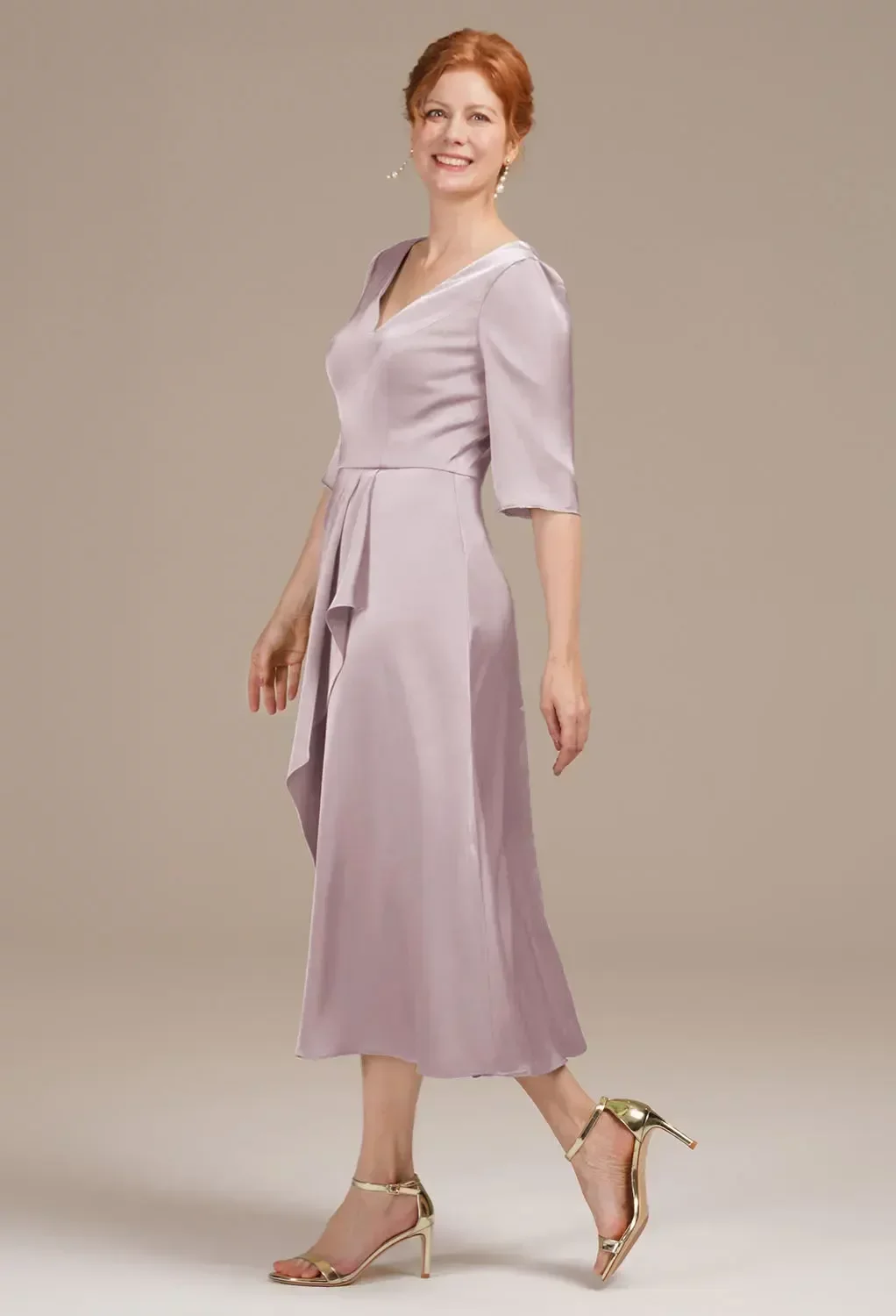AW Zephyrine Dress, Deep Claret Satin Charmeuse Tea Length V-Neck