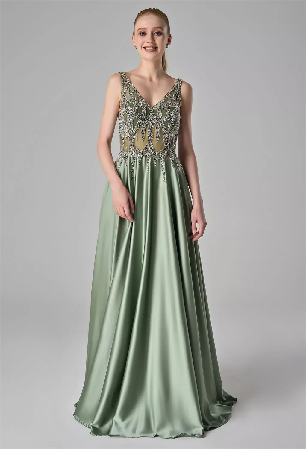 AW Ciara Dress, Seafoam Tulle Satin Charmeuse Floor Length V-Neck Dresses |  AW.Bridal UK
