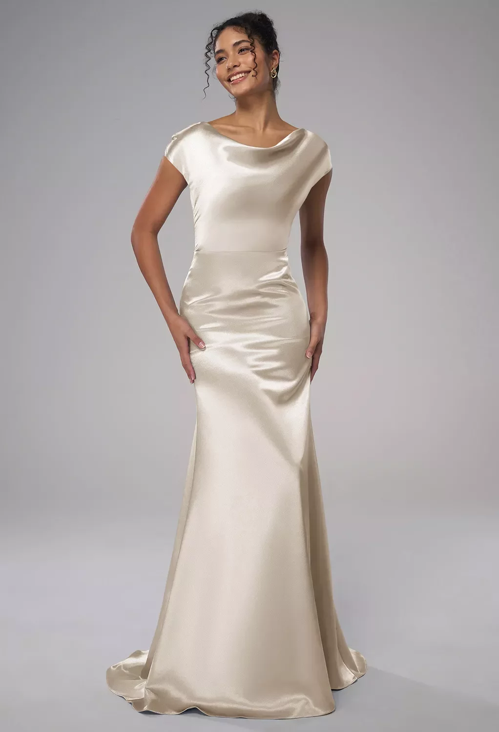 AW Louie Dress, Champagne Crystal Satin Satin Charmeuse Stretch Satin Floor Length Cowl Neckline Bridesmaid Dresses