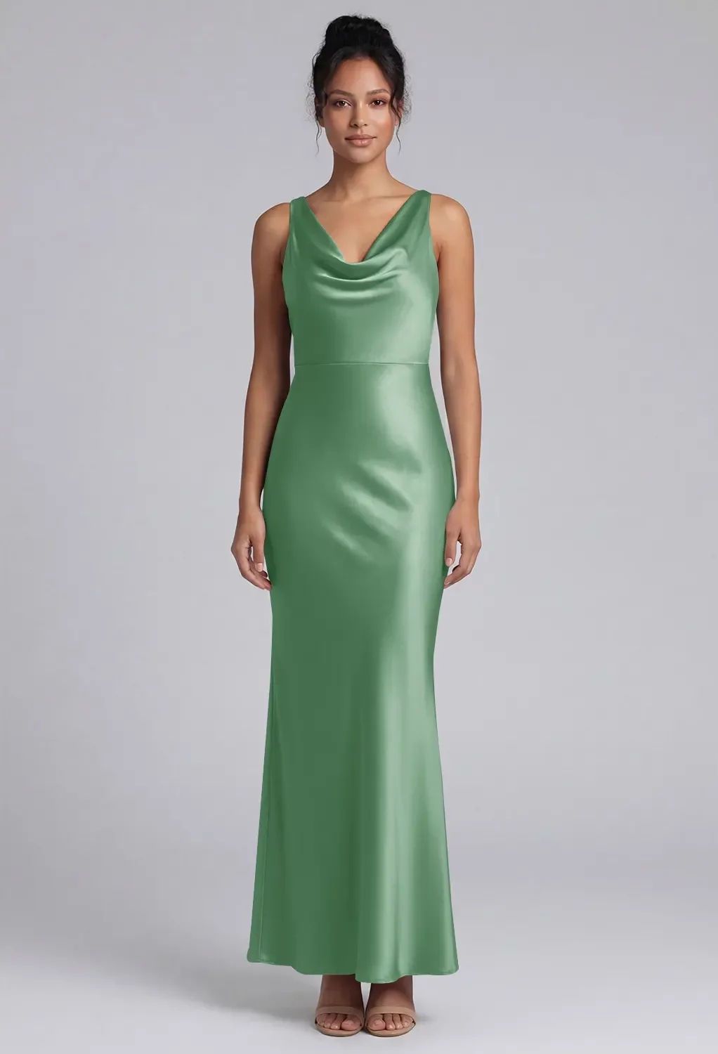 AW Averil Dress, Mineral Green Satin Charmeuse Stretch Satin Floor Length Cowl Neckline Bridesmaid Dresses
