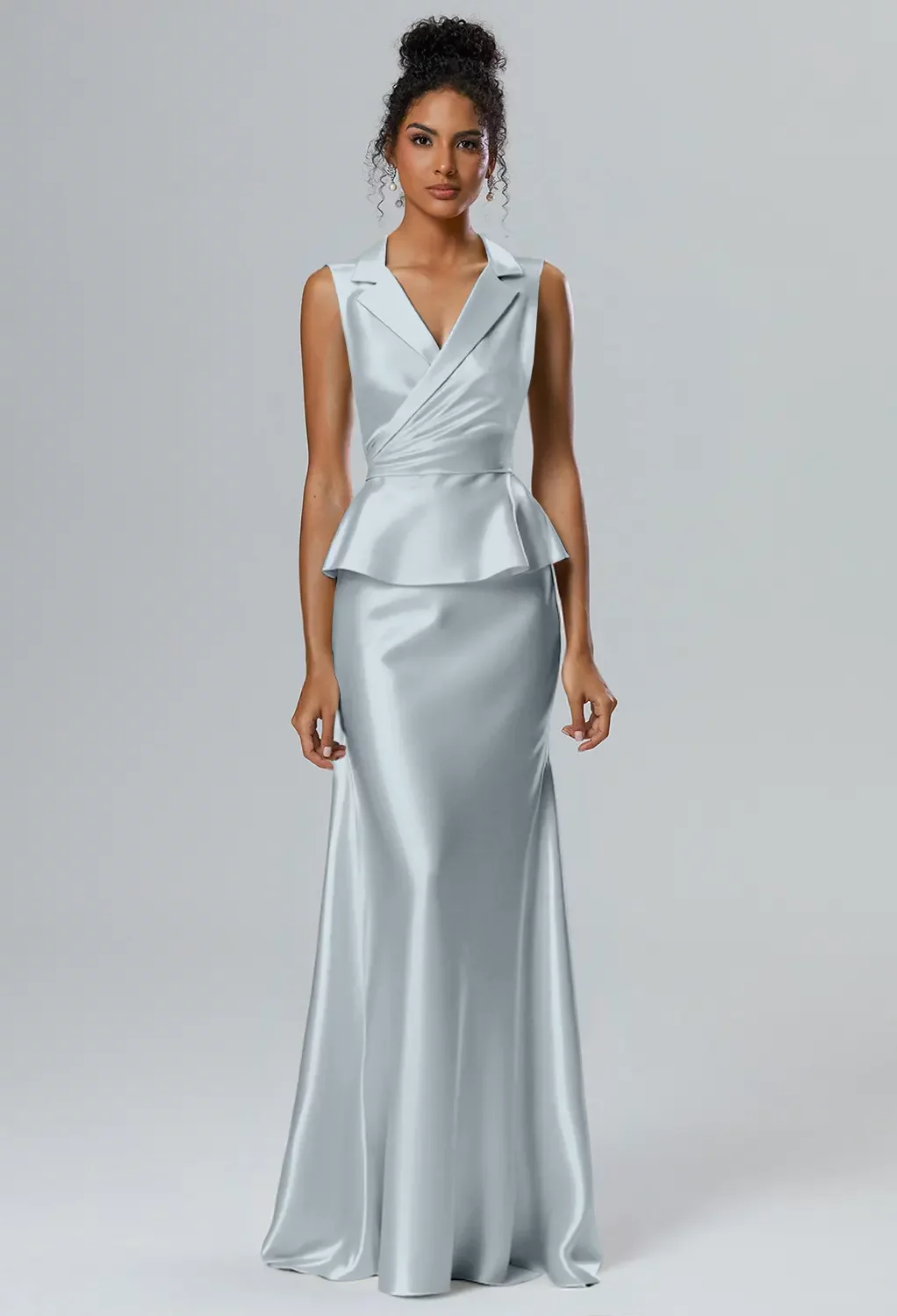 slim fit dress slacks Grey Keyhole Back Floor Length Chiffon Pockets Bridesmaid Dress main image 0