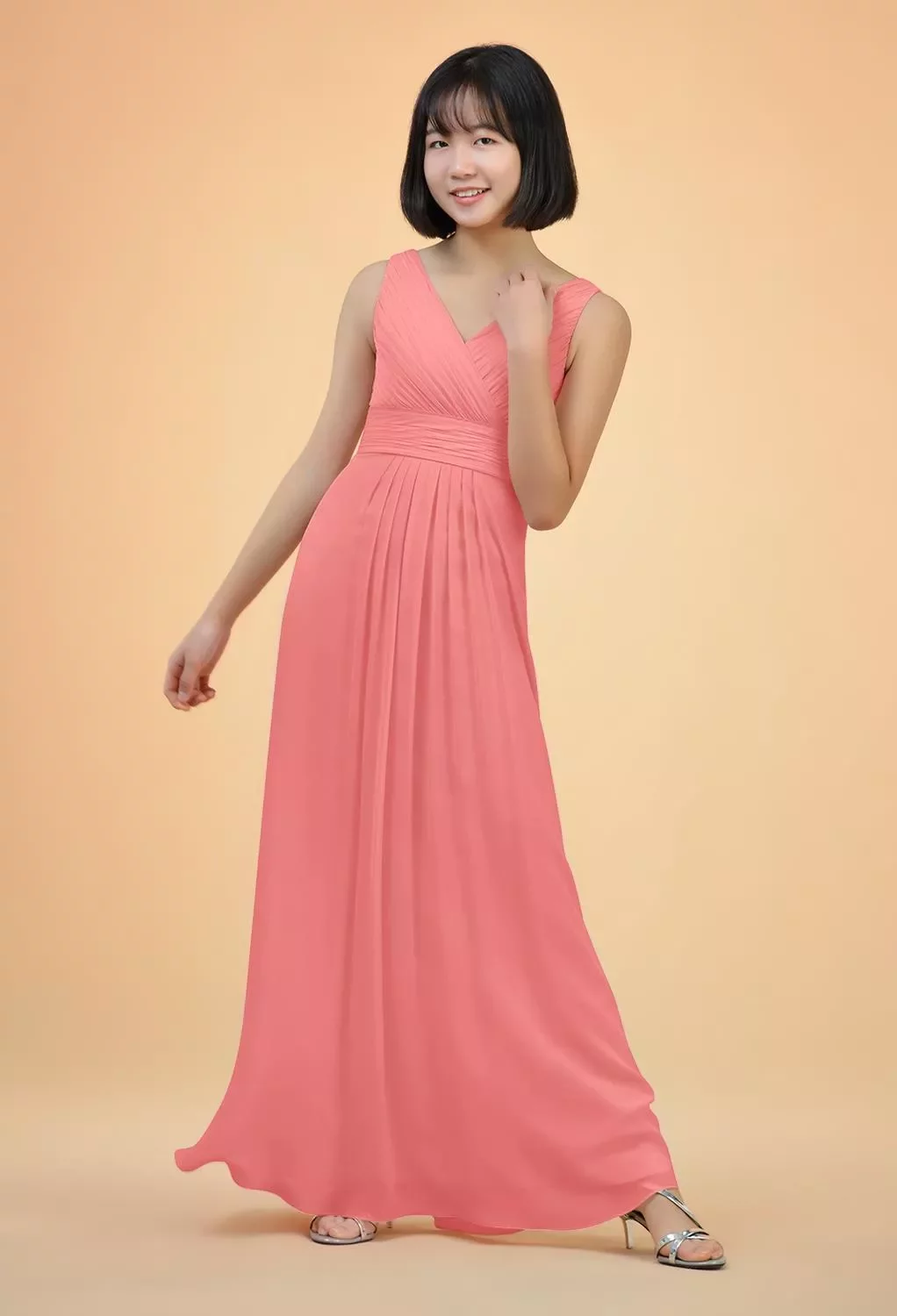 AW Chloe Dress, Coral Pink Chiffon Floor Length V-Neck Bridesmaid Dresses |  AW.Bridal UK