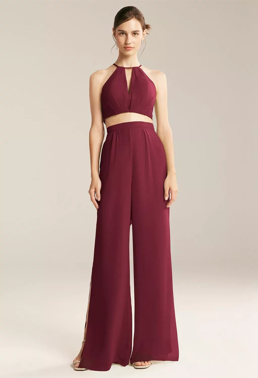 AW Lathan Pants Set, Burgundy Chiffon Floor Length Halter Neckline