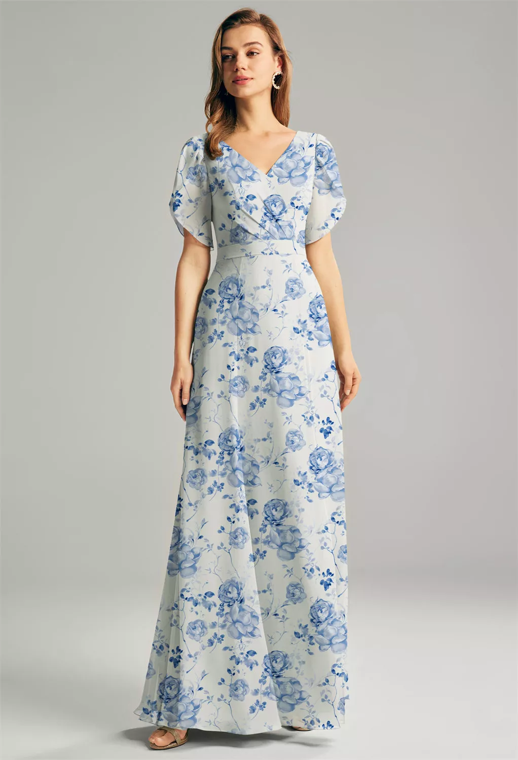 blue dress for baby girl Floral V-Neck Open Back Chiffon Maxi Bridesmaid Dress with Ruffled Sleeves