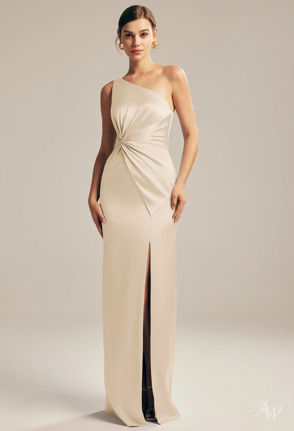 AW Finna Dress, Champagne Crystal Satin Satin Charmeuse Floor Length One  Shoulder Bridesmaid Dresses | AW.Bridal UK