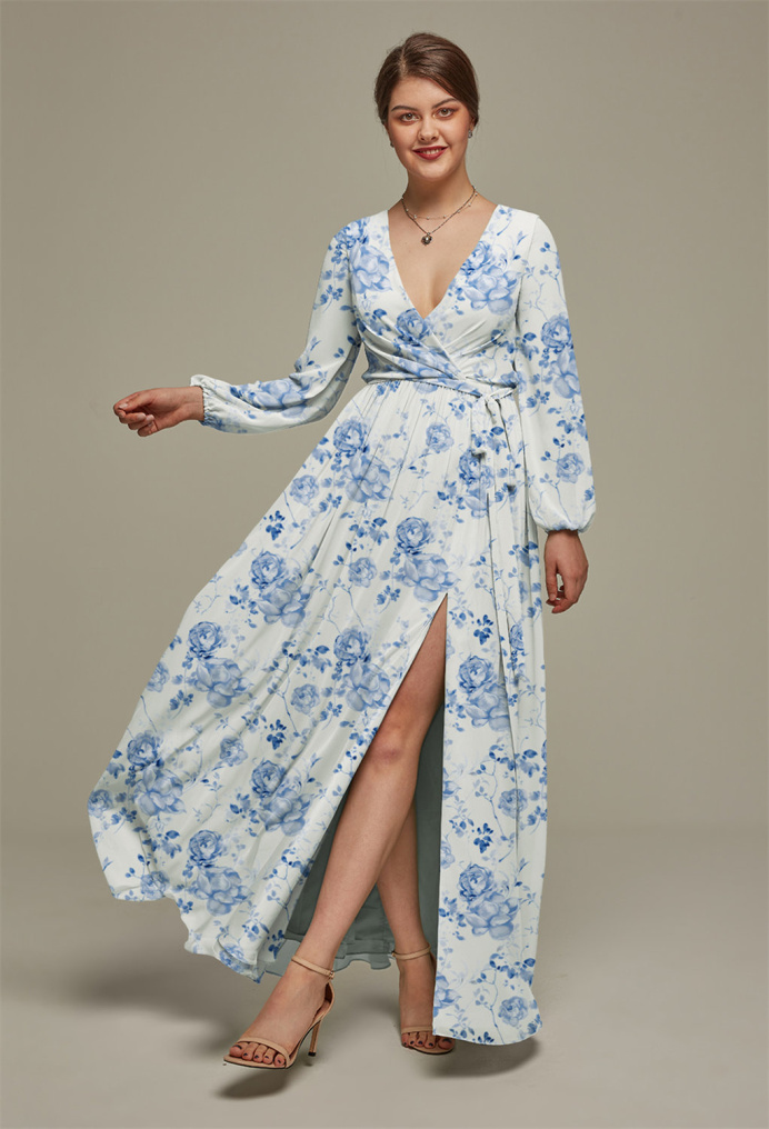 AW Diyan Blue Botanical Floral  Plus Size Dresses
