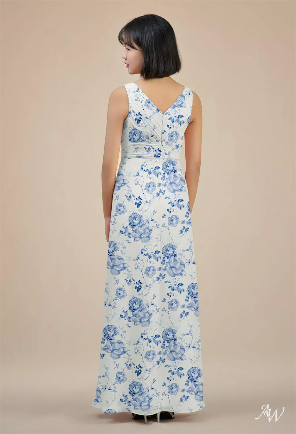 patterned bridesmaid dresses uk Blue Floral Spaghetti Straps Ruched Slit Long Chiffon Bridesmaid Dress