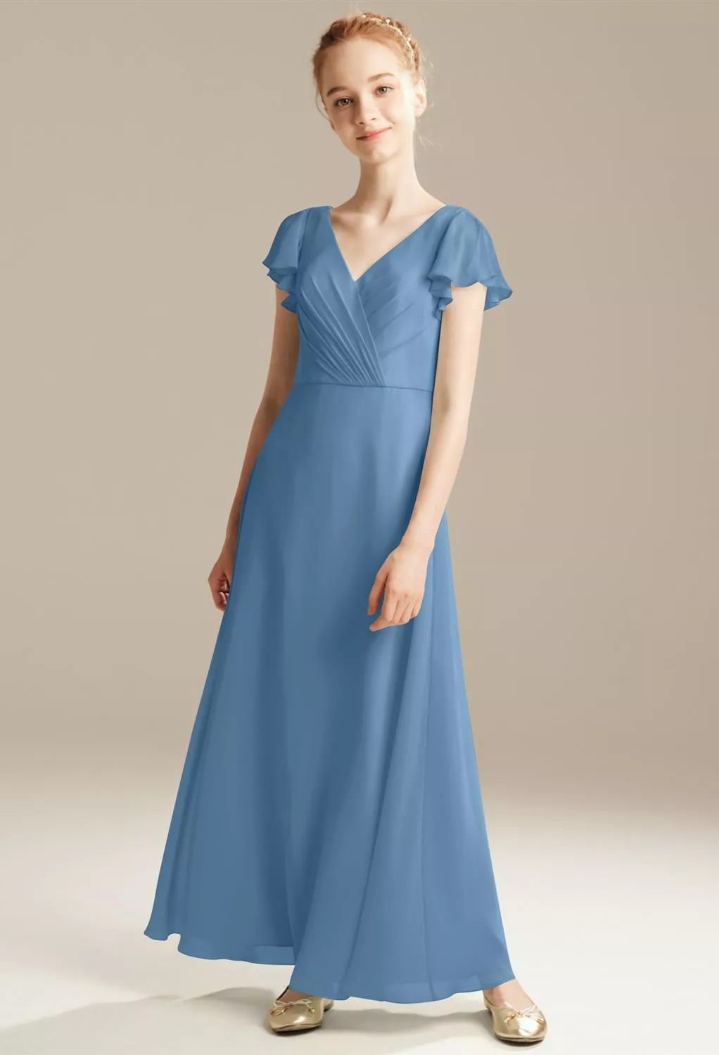 dusty blue floral bridesmaid dresses Standard / XS Shasi Dusty Blue Satin V-Neck Floral Bridesmaid Dress with Flutter Sleeves- Beach Bridal Dress