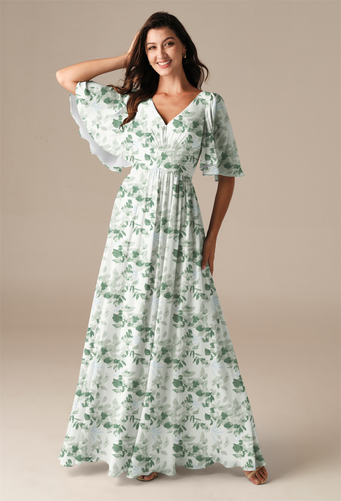 AW Kenney Tea Green Shade  Floral Bridesmaid Dresses