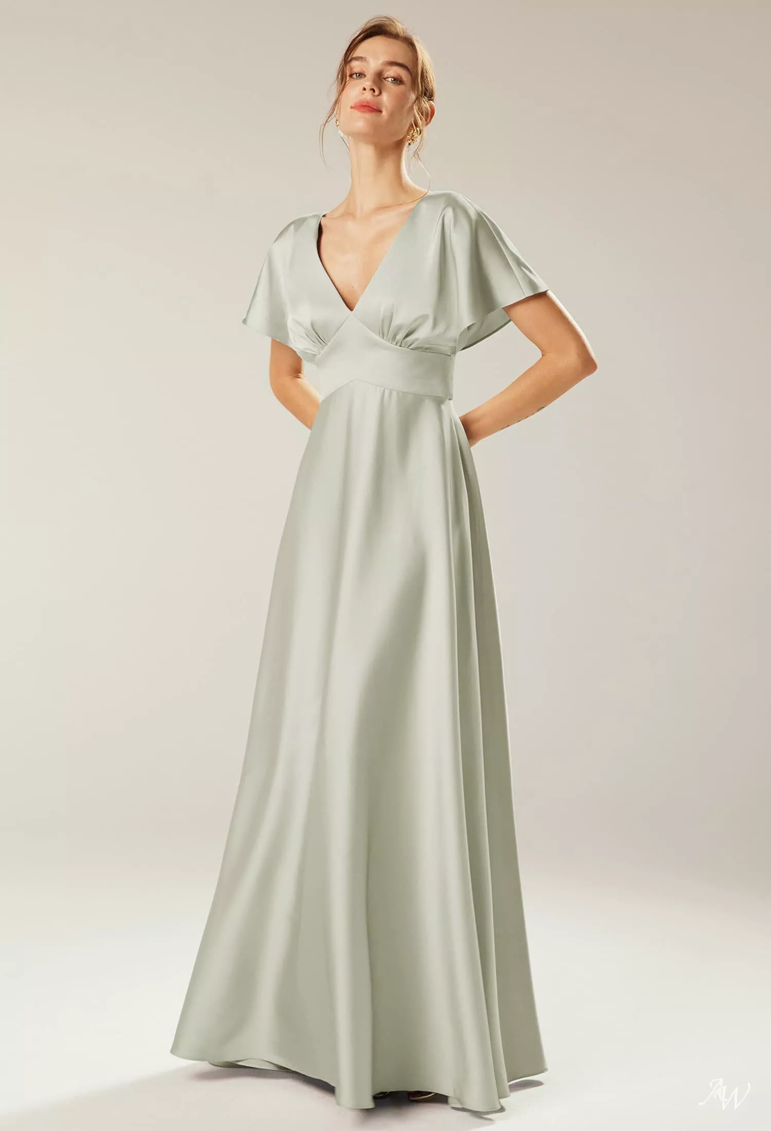 AW Nora Dress, Sage Green Crystal Satin Satin Charmeuse Stretch Satin Floor  Length V-Neck Bridesmaid Dresses | AW.Bridal UK