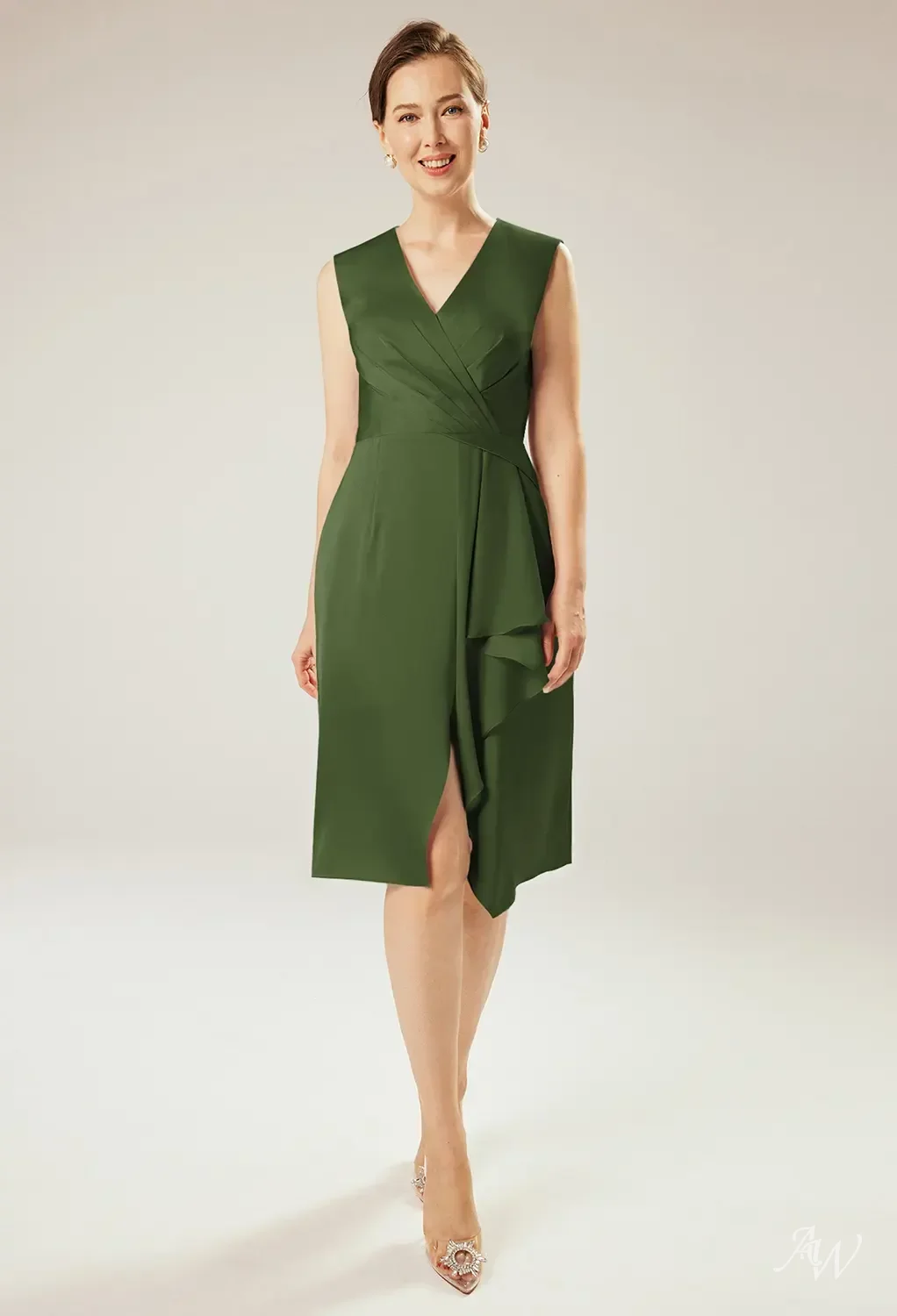 peggy green dress AW Dress, Hunter Crystal Satin Satin Charmeuse Knee Length V-Neck Mother of the Bride Dresses Promo-2