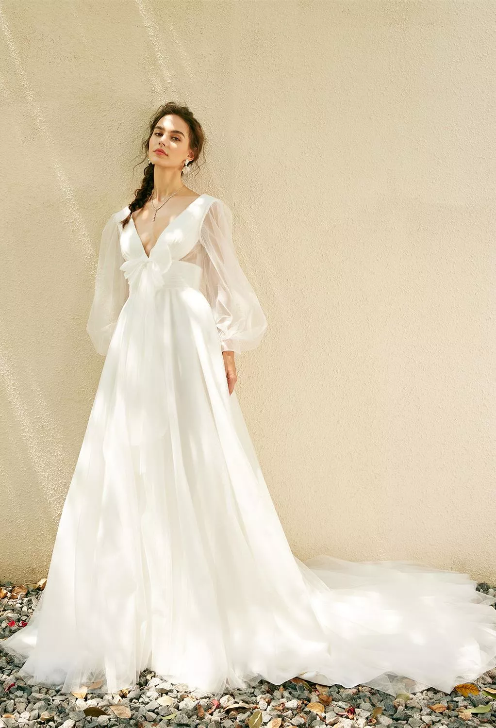 blue dress for baby girl Long Sleeve A-Line Boho Wedding Gown – HAREM's Brides main image 1