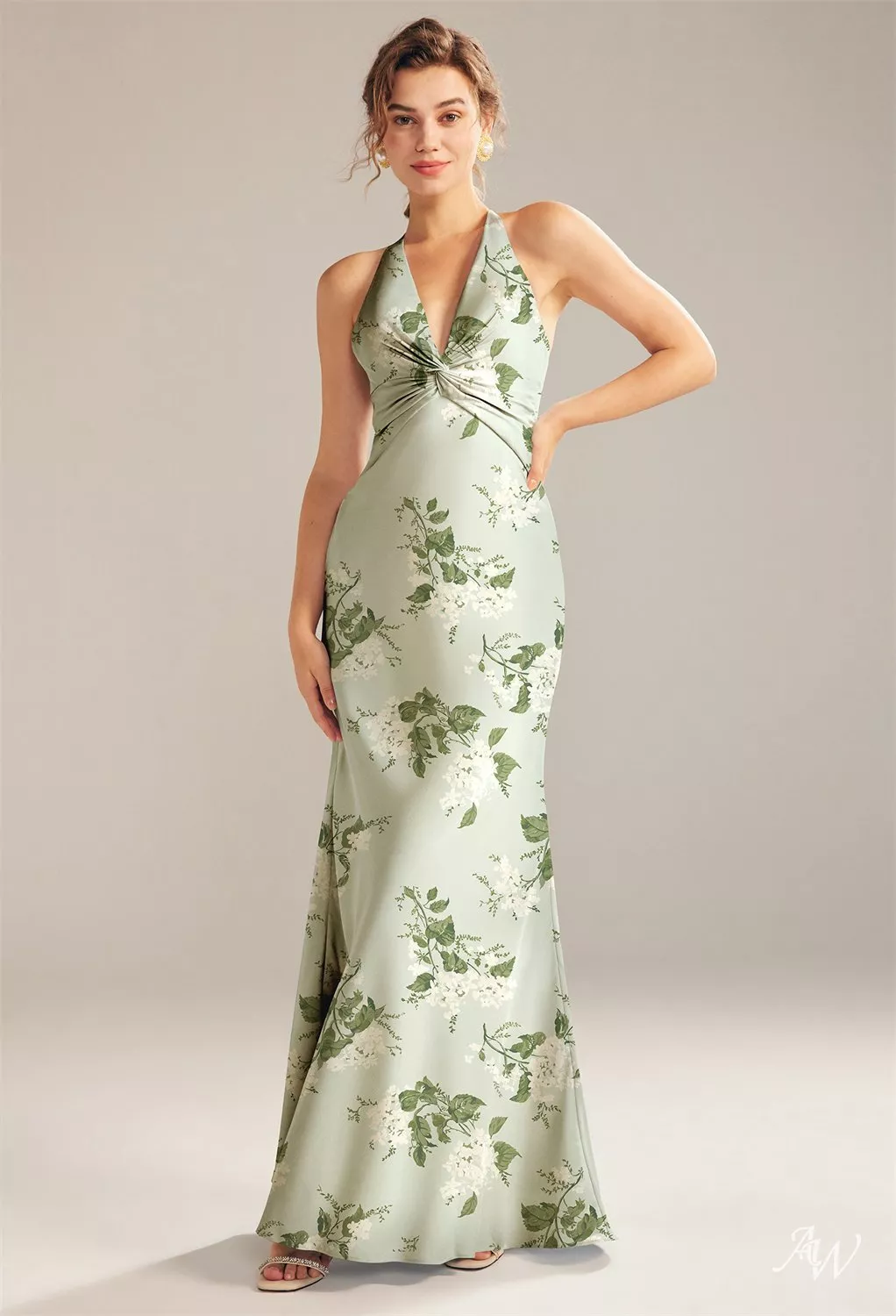 AW Largo Dress, Sage Garden Party Crystal Satin Satin Charmeuse Stretch  Satin Stretch knitted fabric Floor Length V-Neck Bridesmaid Dresses |  AW.Bridal UK