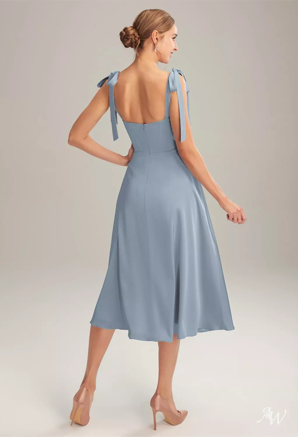 AW Mae Dress, Sage Green Crystal Satin Satin Charmeuse Stretch Satin Tea  Length Sweetheart Neckline Bridesmaid Dresses | AW.Bridal UK