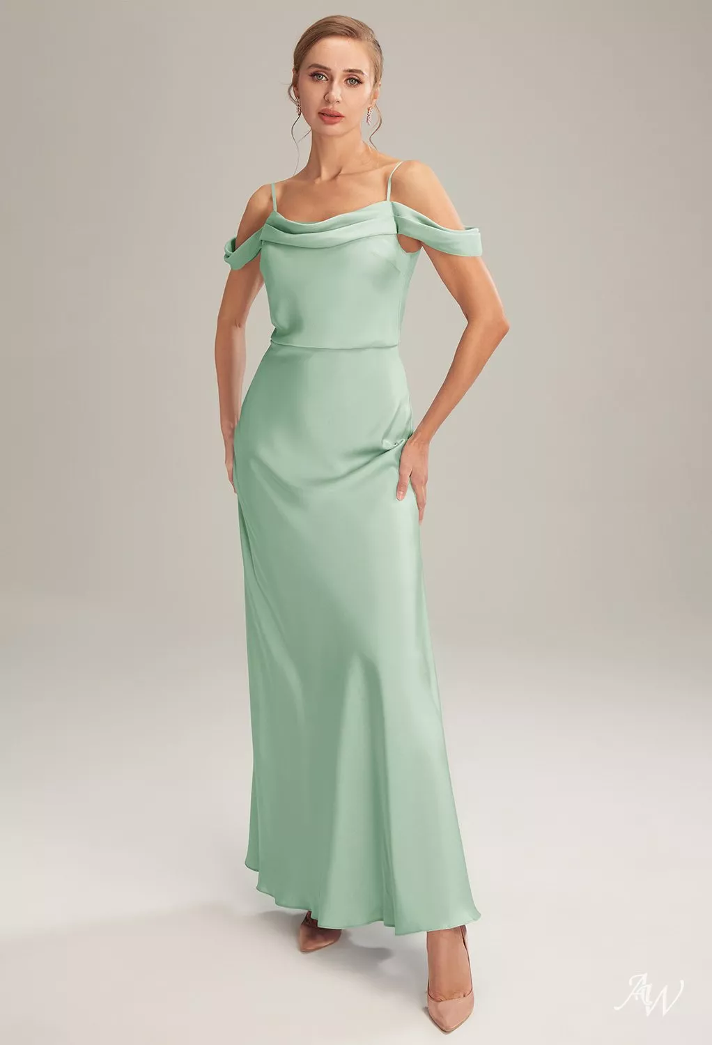 cowl neck bridesmaid dresses uk Sage Green Satin Bridesmaid Dress Cowl Neck Maxi with Ruched – Carlyna UK  £99.00 main image 1