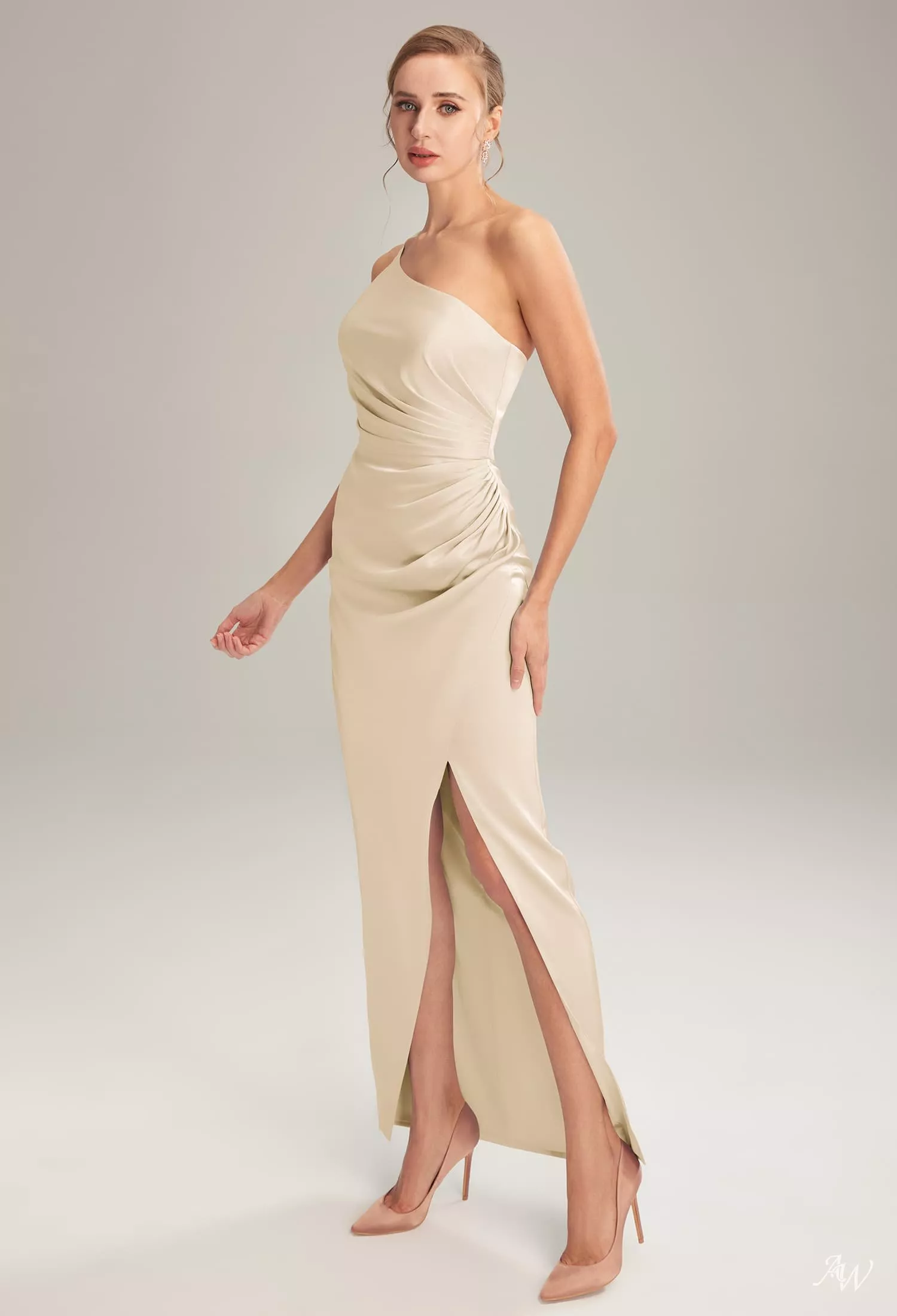 AW Regina Dress, Champagne Crystal Satin Satin Charmeuse Stretch Satin  Floor Length One Shoulder Bridesmaid Dresses | AW.Bridal UK