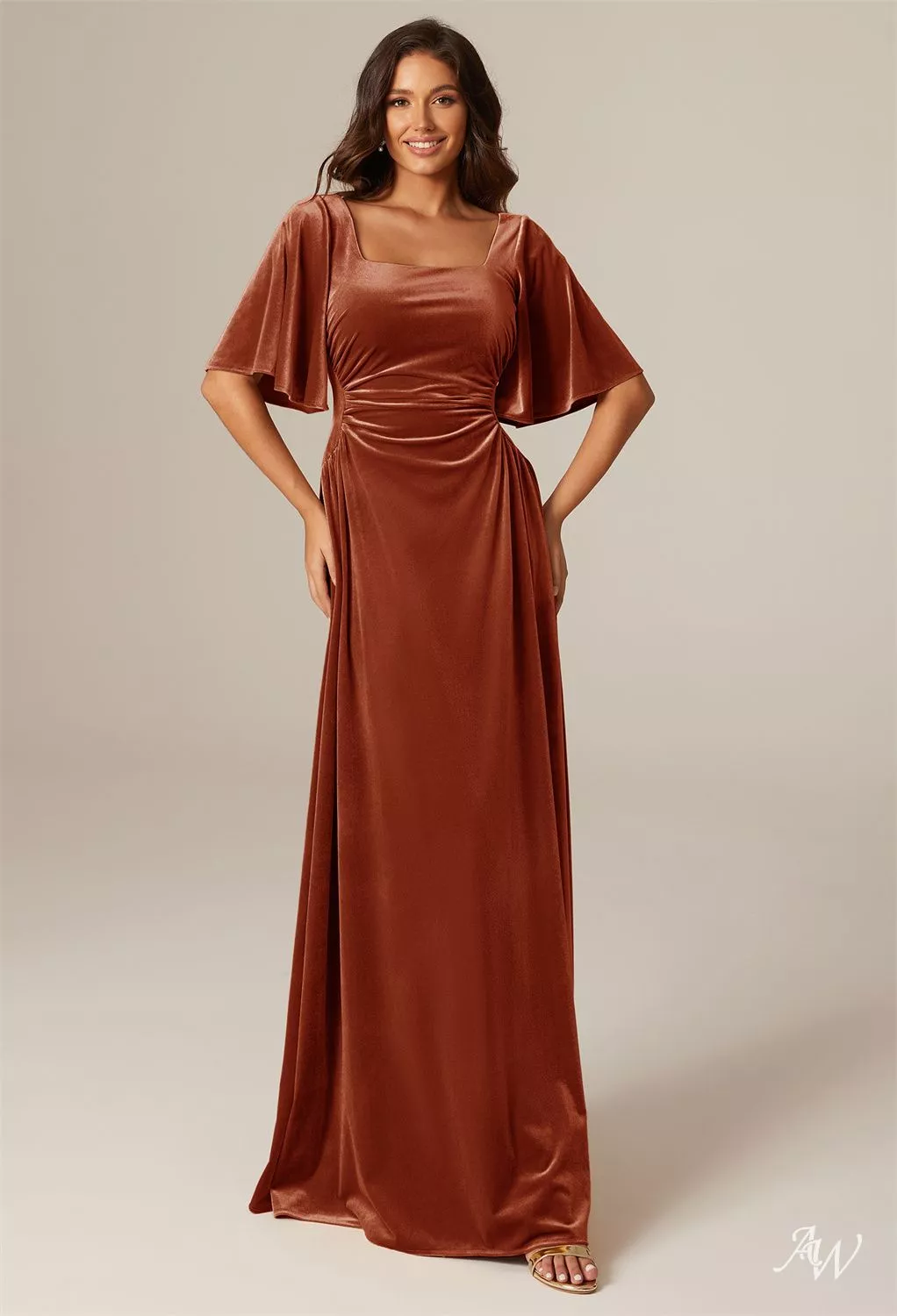 strapless open back dress BABARONI Chiffon Orange Bridesmaid Dresses V-neck Floor-length Straps Bow  with Slit A-line main image 0