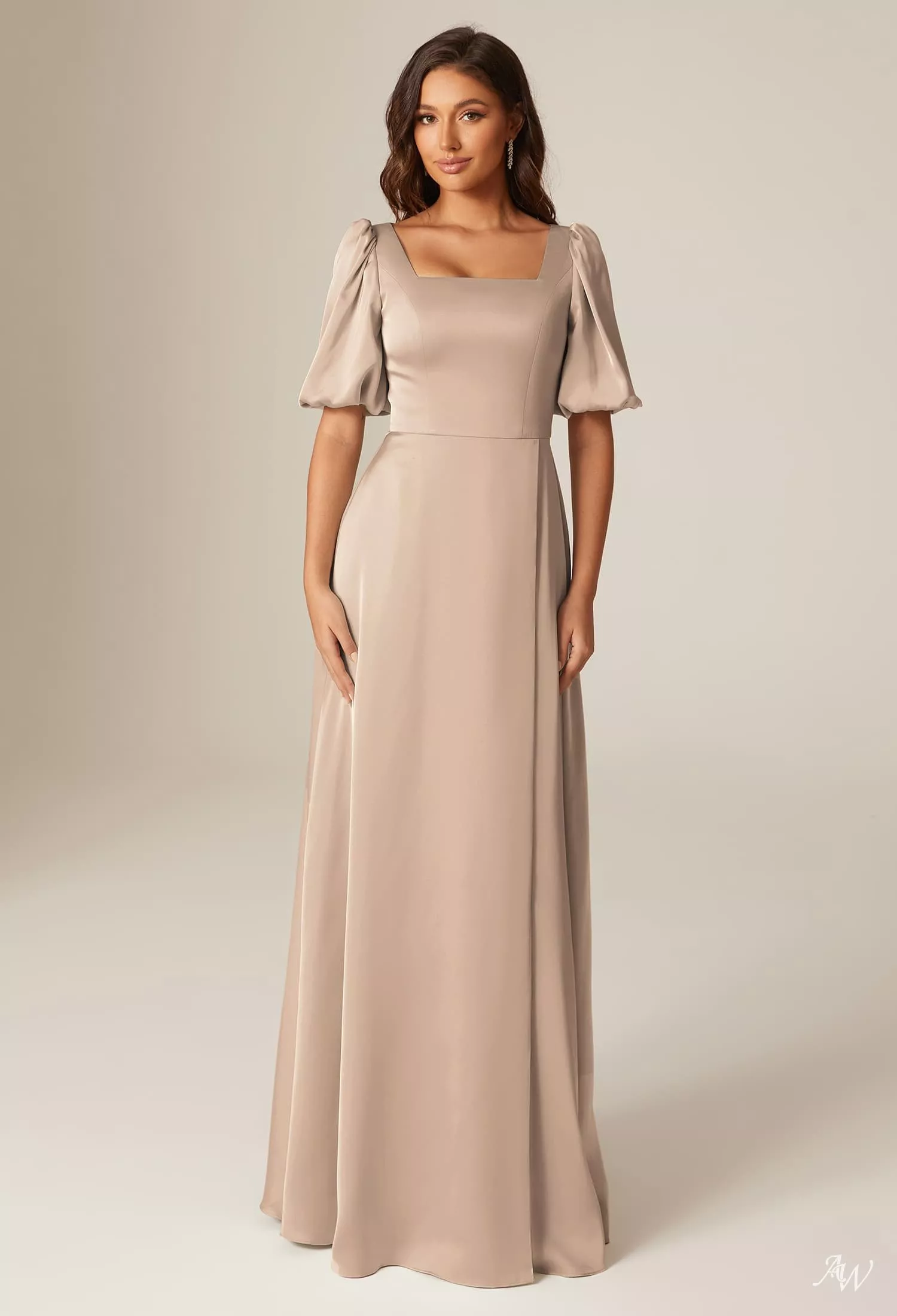 AW Etta Dress, Champagne Crystal Satin Satin Charmeuse Floor Length Square  Neckline Bridesmaid Dresses