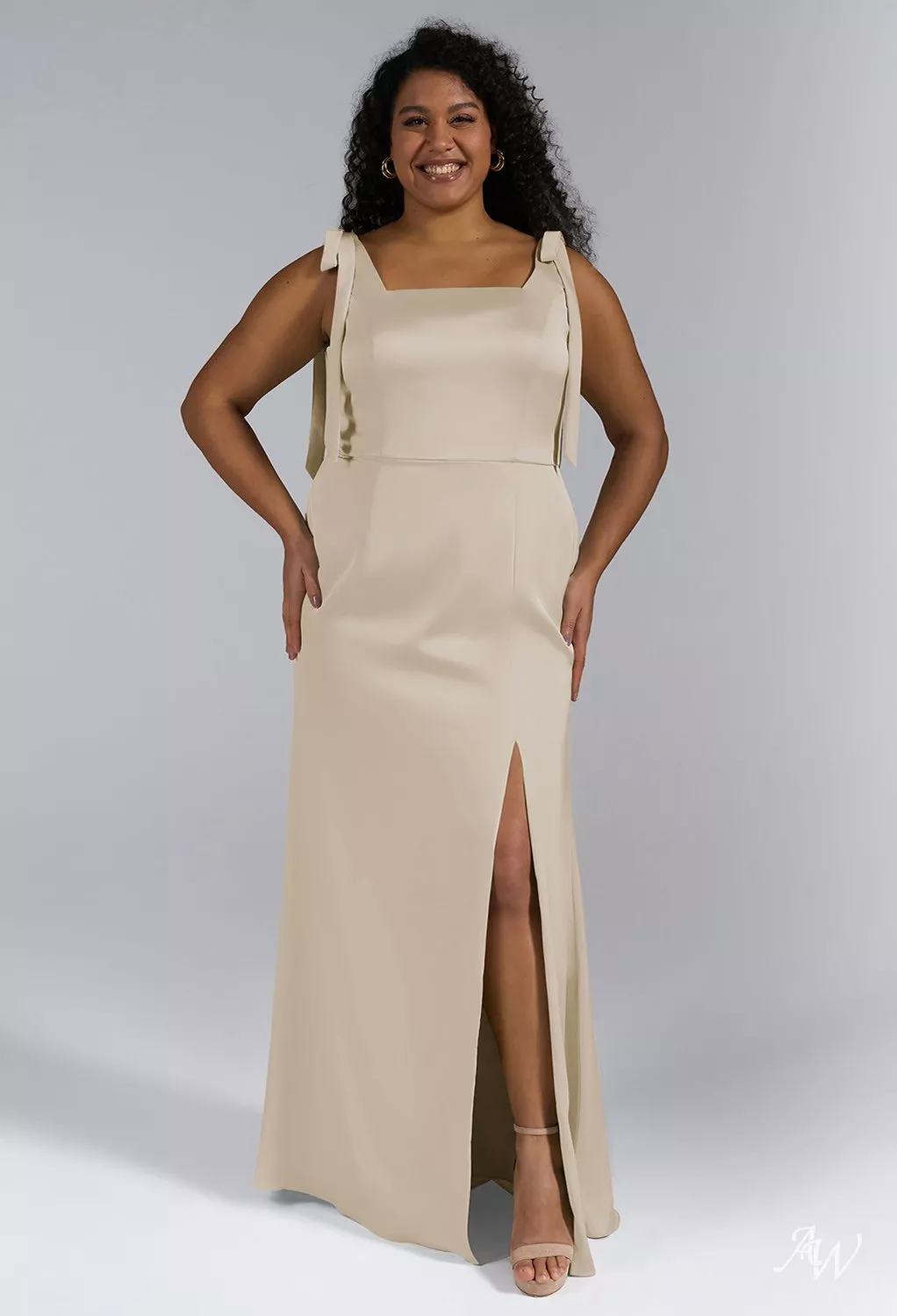 sachin and babi light blue dress Liquorish Plus Bridesmaid satin wrap midi dress with puff sleeve in  champagne
