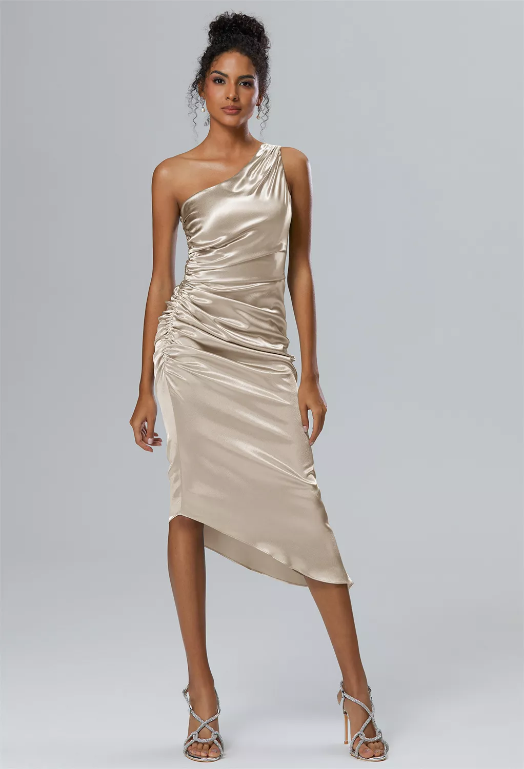 champagne wedding guest dress Chic Strapless Champagne Gold Satin Maxi Dress