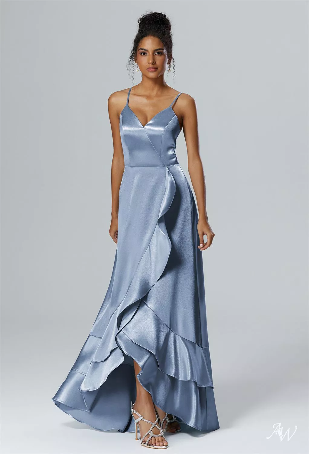 AW Marguerite Dress, Champagne Crystal Satin Satin Charmeuse Hi Lo V-Neck Bridesmaid  Dresses | AW.Bridal UK