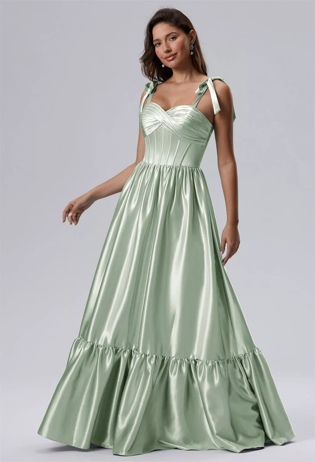 sage green evening dresses uk Dusty Sage Green Prom Dresses V-Neck Spaghetti Straps Pleats Split Lon