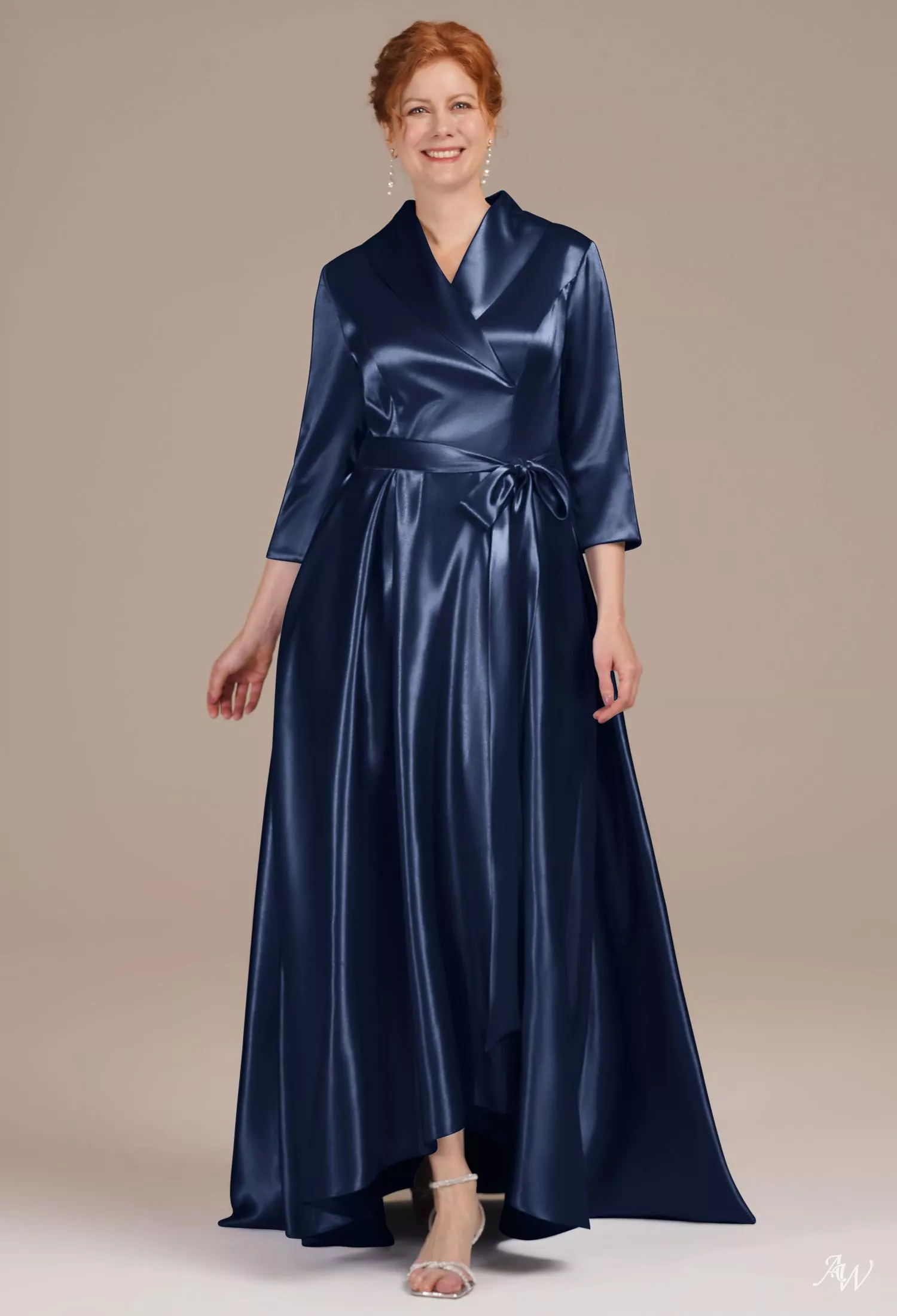 AW Silvia Dress, Blue Ashes Crystal Satin Hi Lo V-Neck Mother of the Bride  Dresses