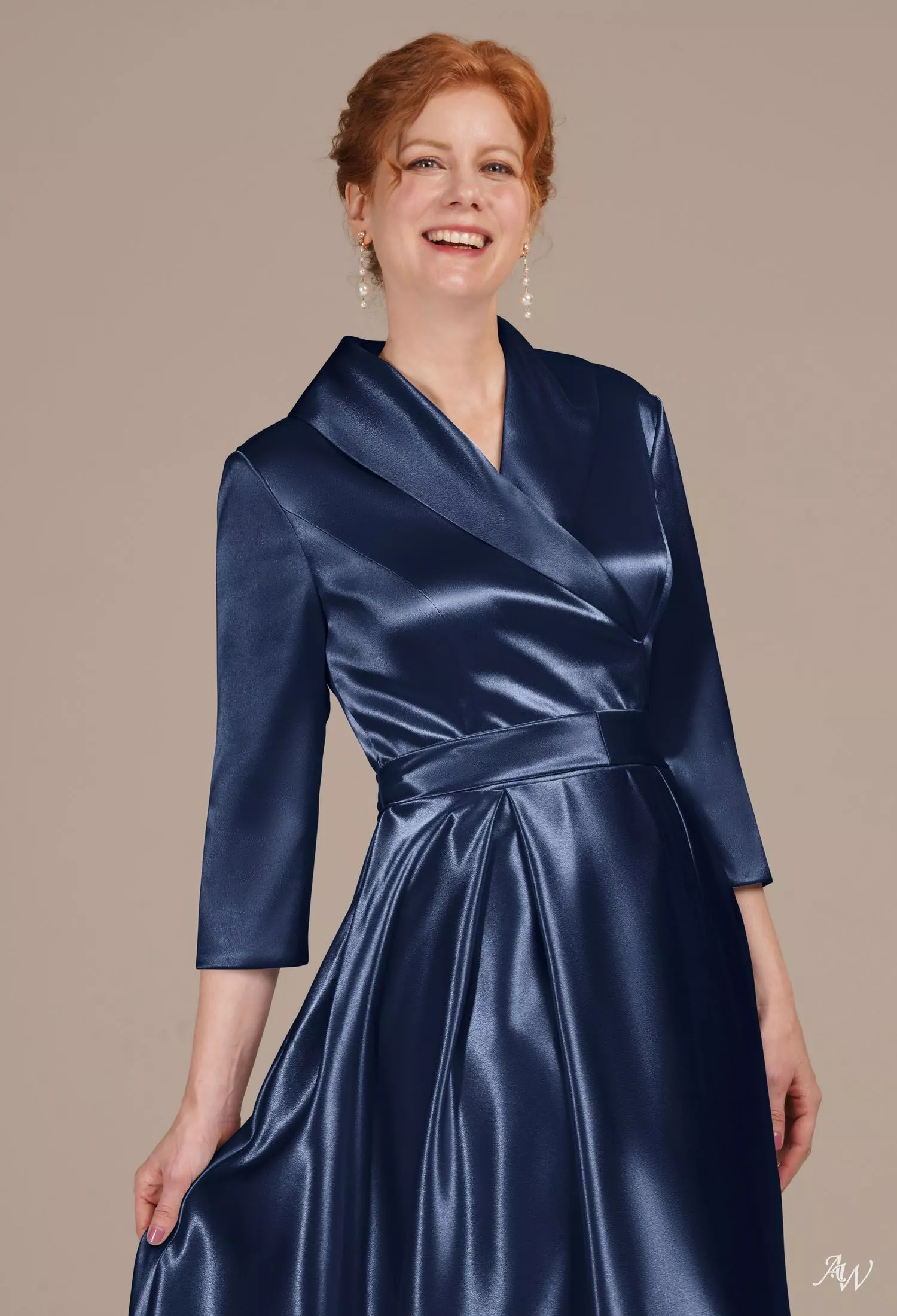 AW Silvia Dress, Blue Ashes Crystal Satin Hi Lo V-Neck Mother of the Bride  Dresses | AW.Bridal UK