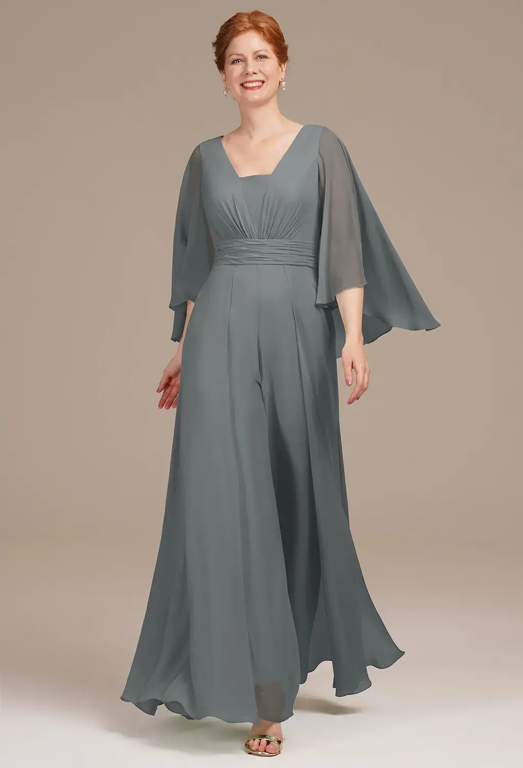 slim fit dress slacks V Neck Sheath Lace Appliques Floor Length Plus Size Dusty Blue Mother of The Bride Dresses with Cape main image 0