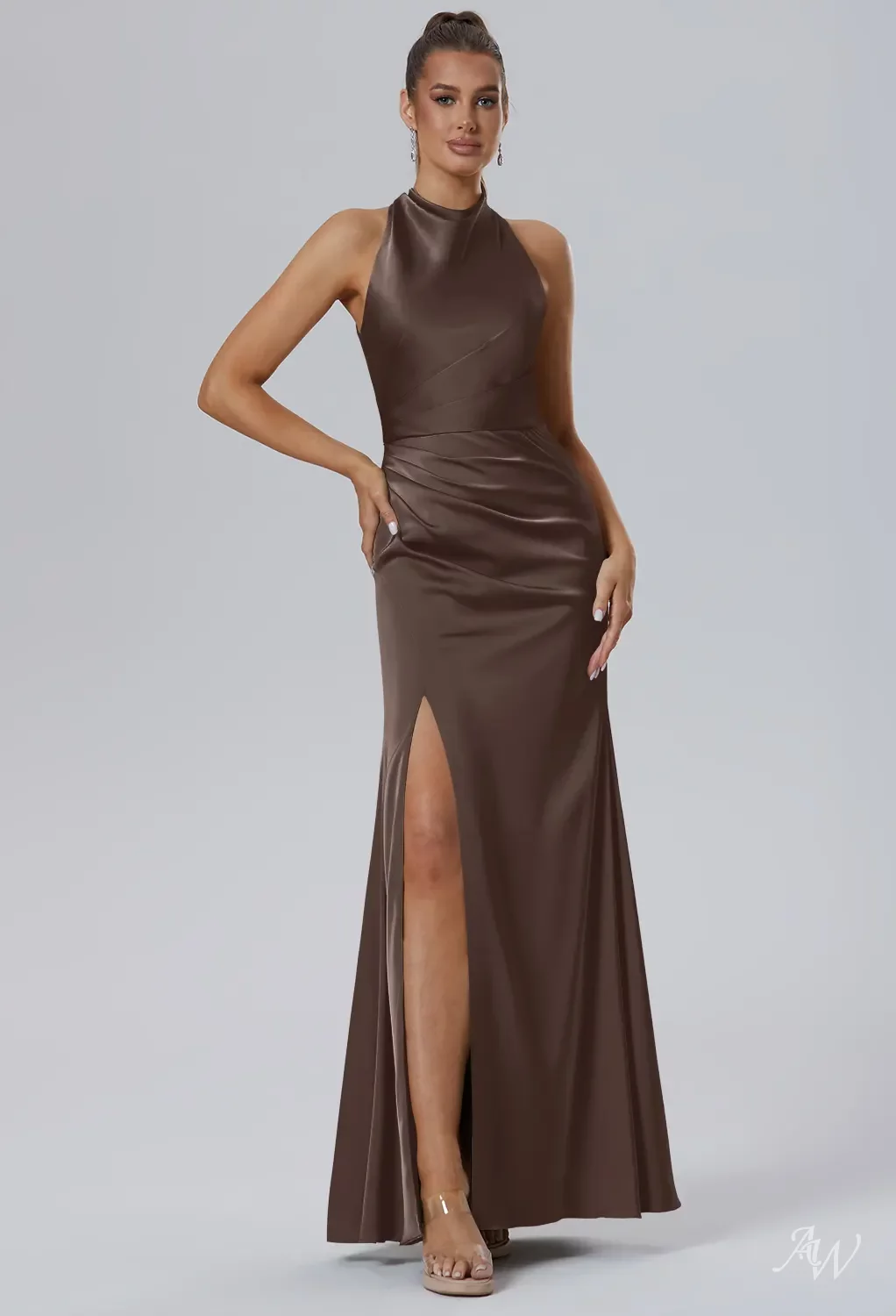 AW Maharaol Satin Charmeuse Seal Brown Bridesmaid Dresses | AW.Bridal UK