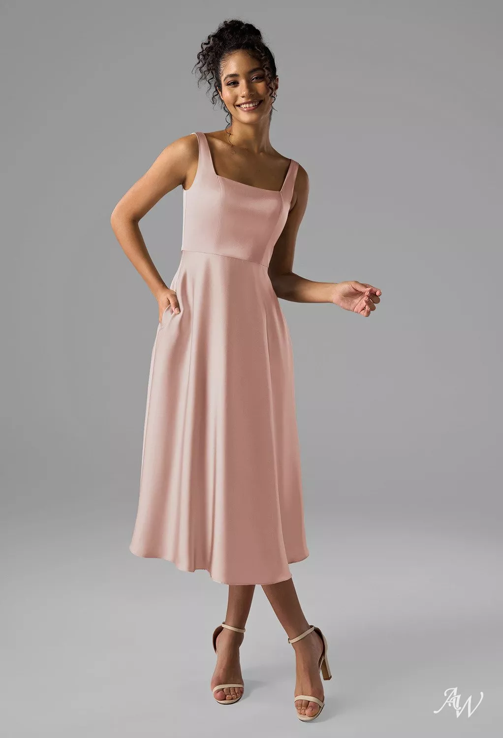 AW Asa Dress, Sage Green Crystal Satin Satin Charmeuse Stretch Satin Tea  Length Square Neckline Bridesmaid Dresses | AW.Bridal UK