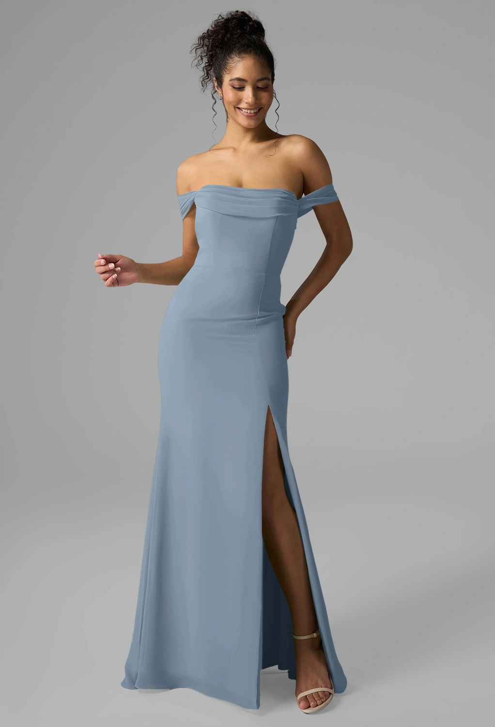maternity bridesmaid dresses azazie Lucia Sage Green Off The Shoulder And Skinny Straps Cowl Back Bridesma main image 0